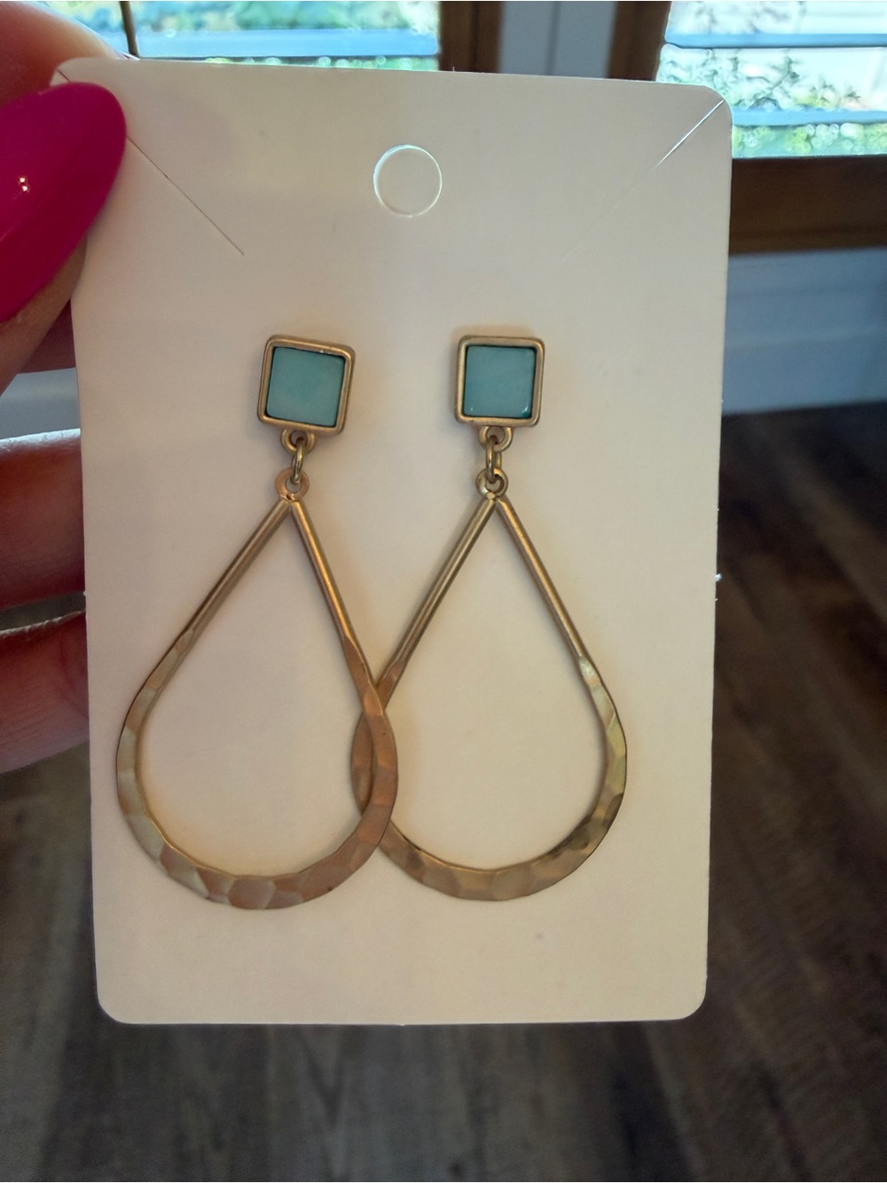 Gold Teardrop Earrings with Turquoise Stone